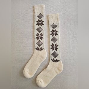 Vintage Excellent Shape Unisex Alpine Style Fair Isle Cream and Brown Tall Socks
